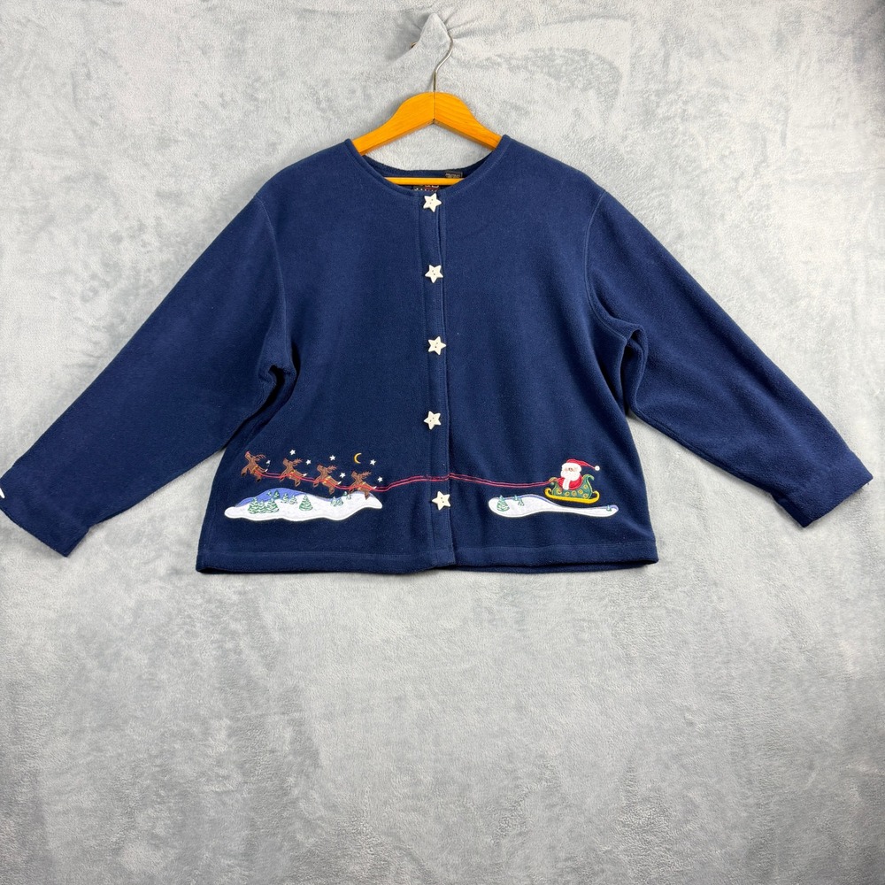 C&B Sport Women PXL Navy Christmas Fleece Cardigan Santa Reindeer Y2K Grandma